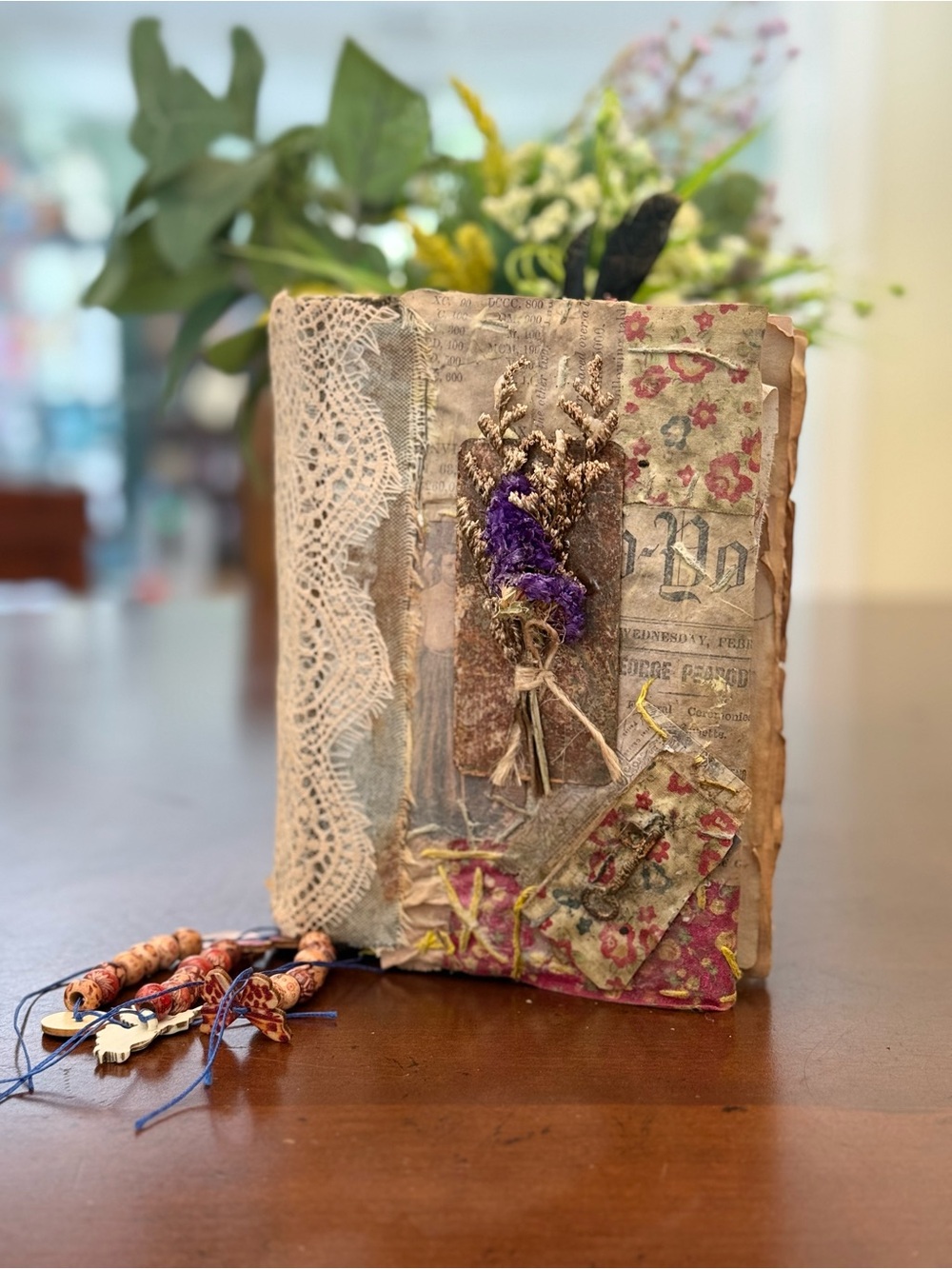 Handmade Mixed-Media Art Journal - Beige & Purple Floral Cover